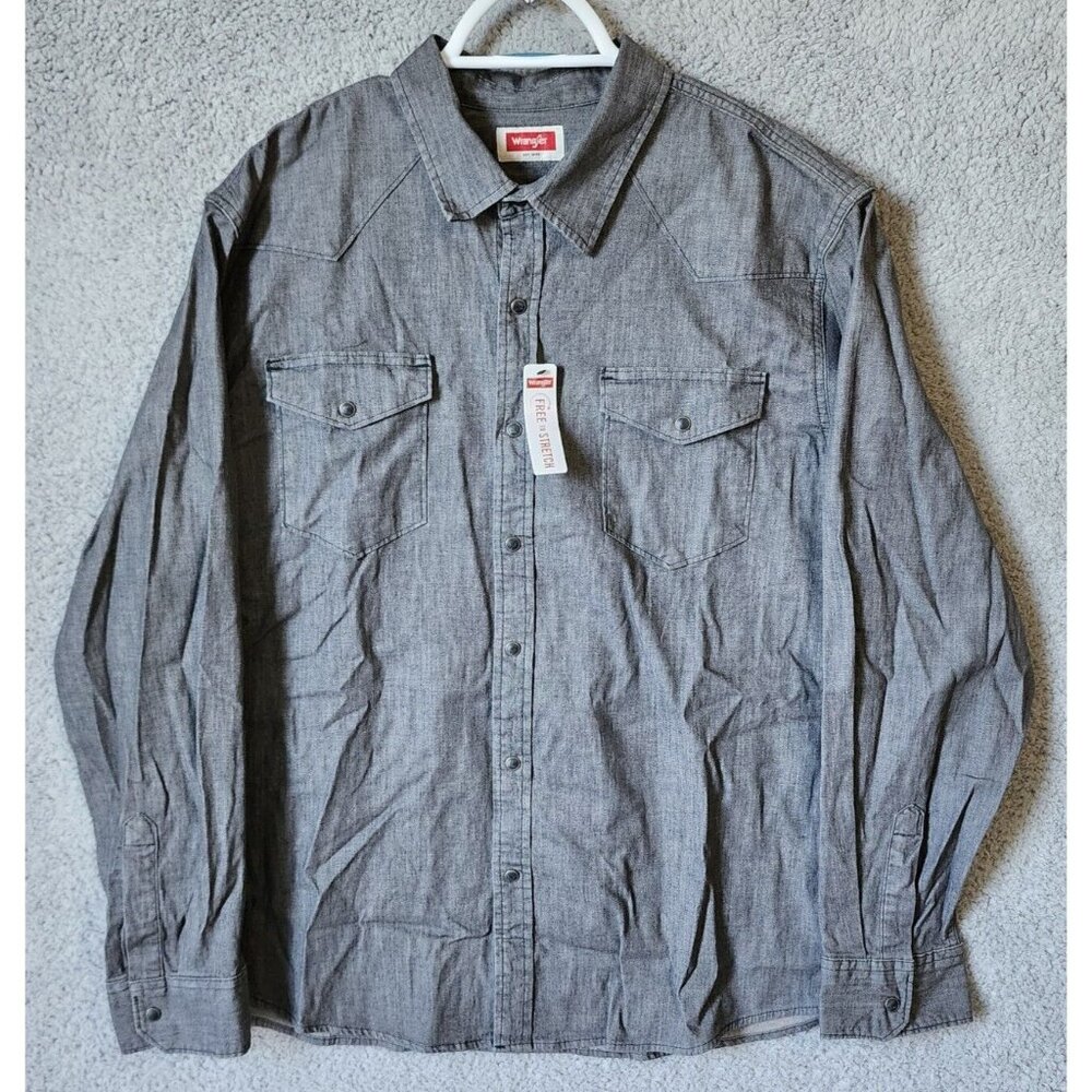 NEW Wrangler Slim Fit‎ Free To Stretch Gray Pearl Snap Long Sleeve Shirt Size XL